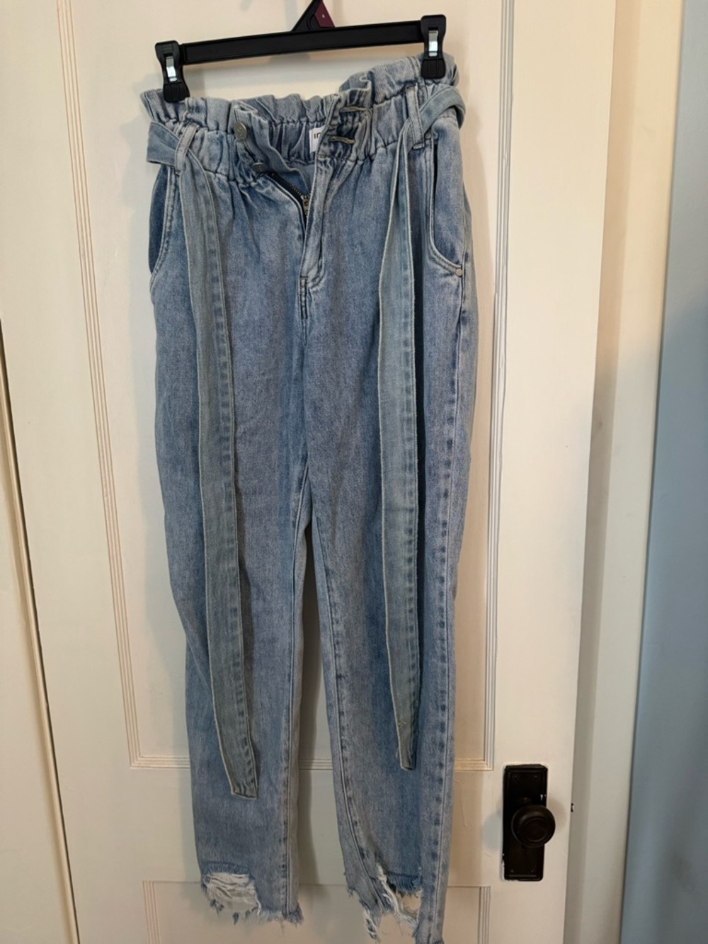 High-Waist Straight-Leg Paperbag Jeans in Light Blue